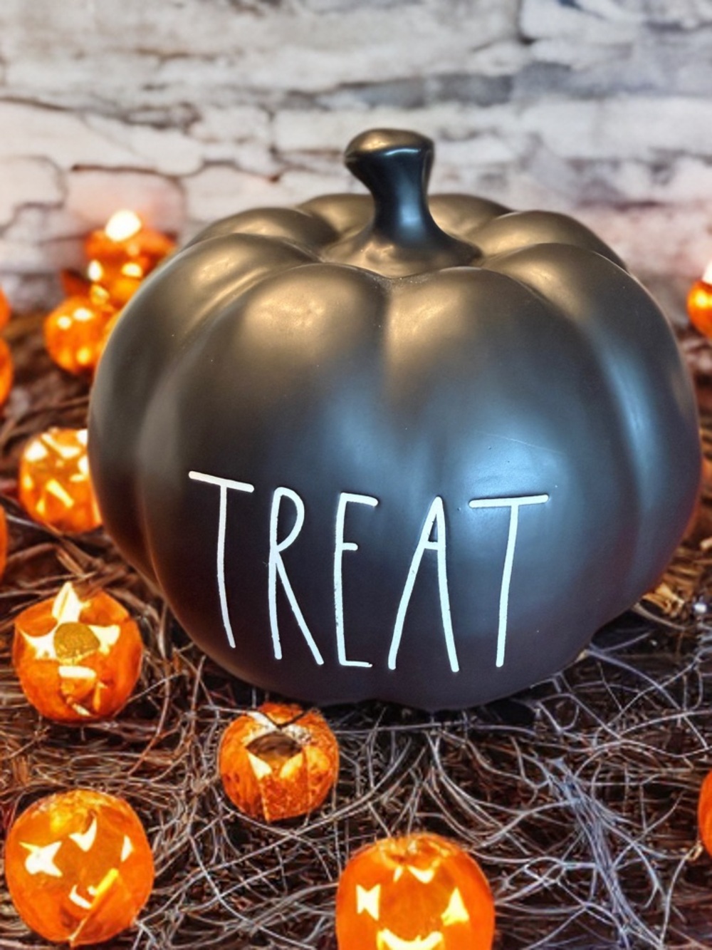 Rae Dunn black Treat pumpkin. Cleaning out my decoration closet